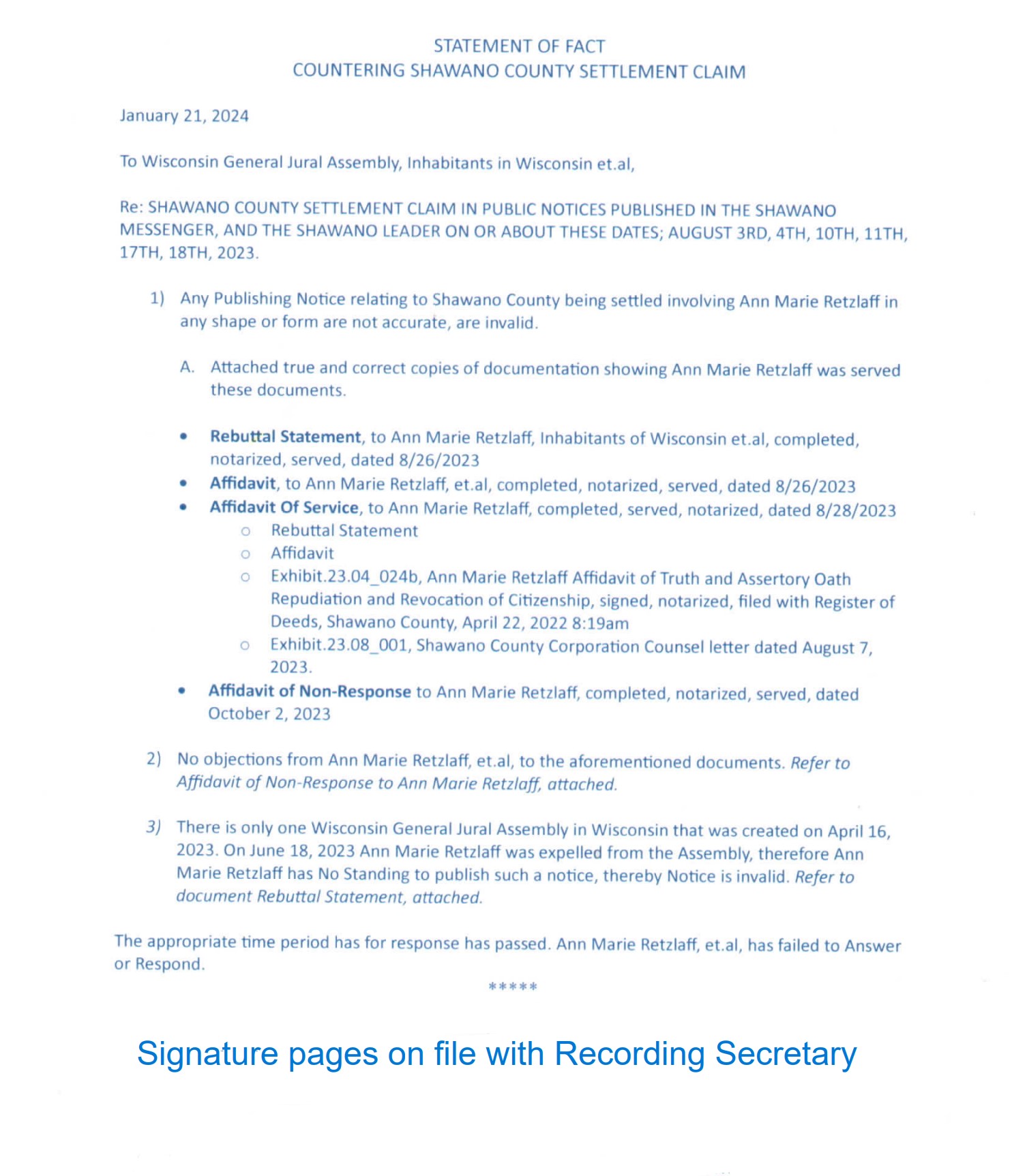 Statement of Fact Shawano County